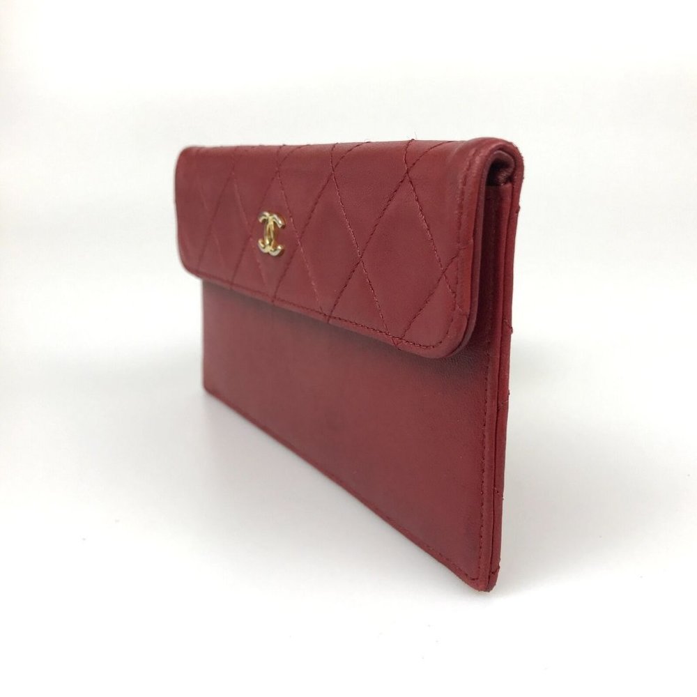 CHANEL Bag Pouch Lambskin Matelasse red Leather Authentic wallet - Picture 4 of 11